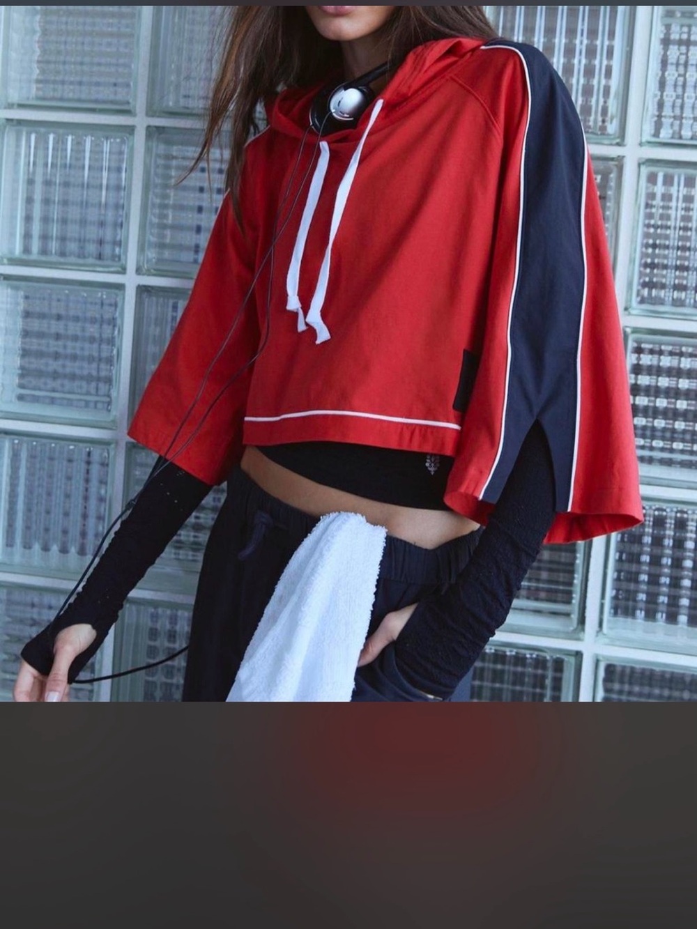 Free People Red and Black Cropped Hooded Pullover